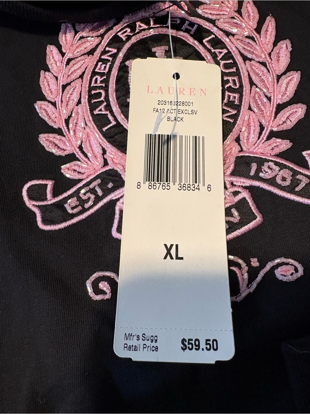 Lauren Ralph Lauren Black Long-Sleeve Top with Pink Embroidered Crest - Picture 2 of 2